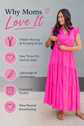 Breastfeeding mom wearing a bright pink nursing dress with hidden nursing and pumping access, easy throw-on-and-go style, lightweight comfortable fabric, functional pockets, and a design made to wear beyond breastfeeding.