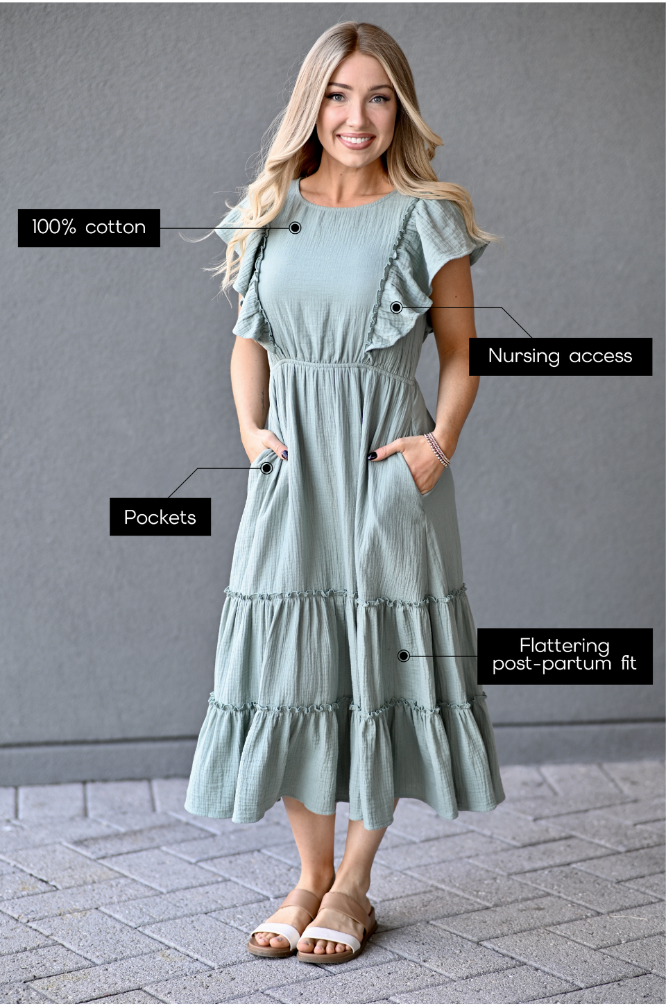 Gauze Ruffle Midi Dress- Seafoam Green | Breastfeeding Clothing | Gauze Ruffle Midi Dress- Seafoam Green | Breastfeeding Clothing |