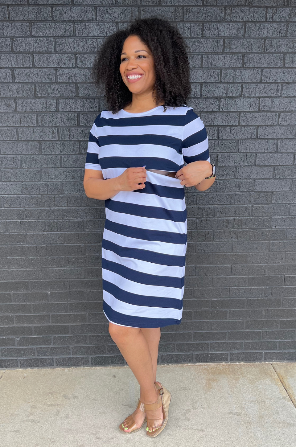 Cotton Nursing Dress With Pockets- Hidden Zipper - WIDE Stripe - Navy/White