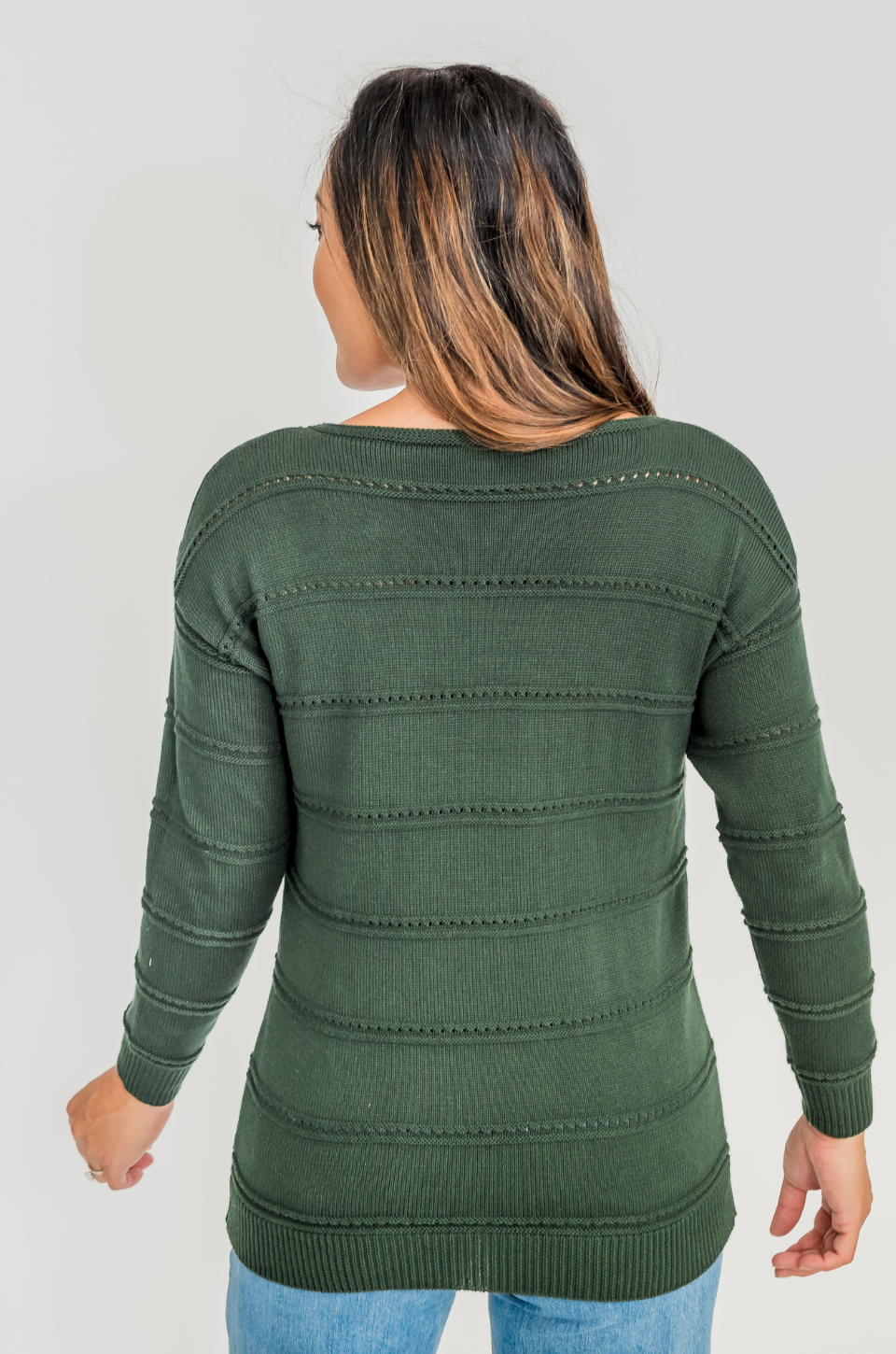 Open knit nursing sweater in dark green