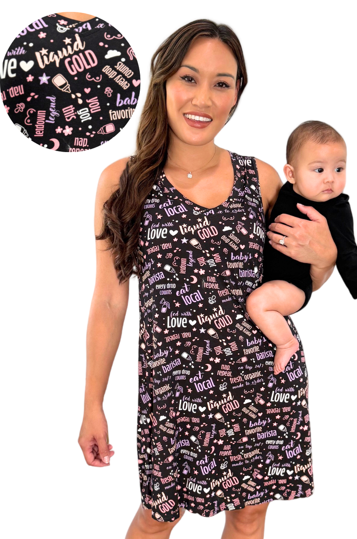 Breastfeeding mom wearing Nursing Queen pajamas with a graphic print, shown from the front.