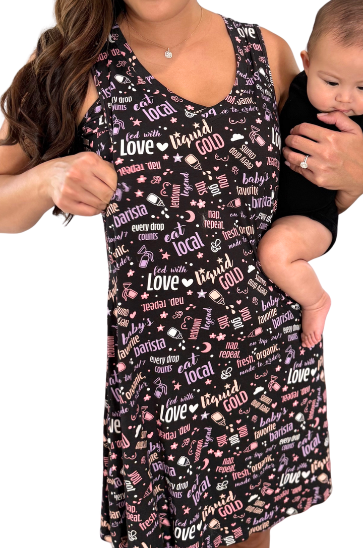 Close-up of graphic print fabric on breastfeeding pajamas.