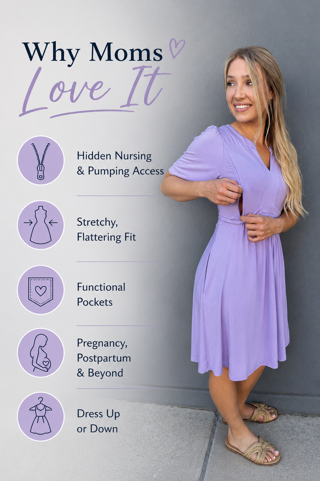 Mom demonstrating hidden nursing and pumping access in a lilac nursing dress with a stretchy flattering fit, functional pockets, and versatile styling designed for pregnancy, postpartum, breastfeeding, and beyond.