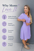 Mom demonstrating hidden nursing and pumping access in a lilac nursing dress with a stretchy flattering fit, functional pockets, and versatile styling designed for pregnancy, postpartum, breastfeeding, and beyond.
