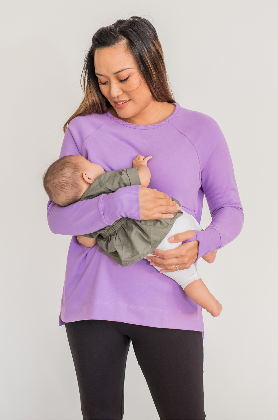 Purple nursing tunic with hidden breastfeeding access