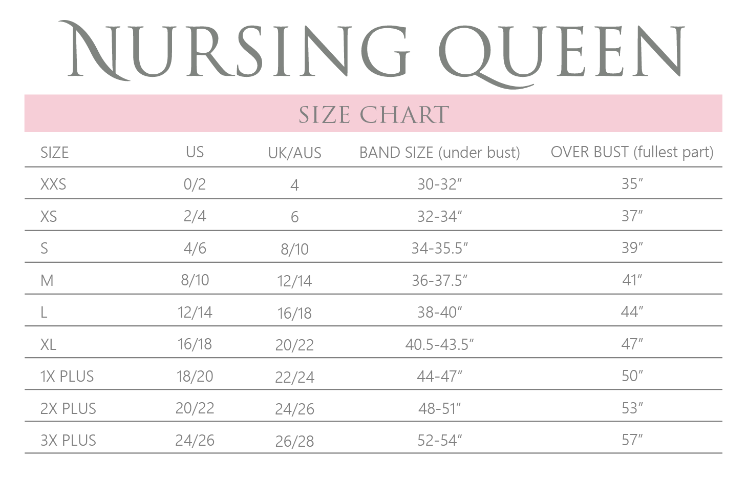 Nursing Queen  size chart