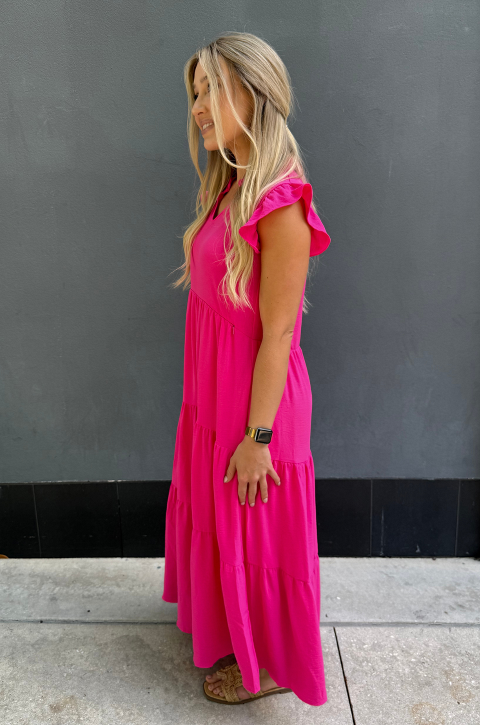 Pink nursing dress with tiered skirt, ruffle sleeves, and concealed zipper access for breastfeeding moms on the go