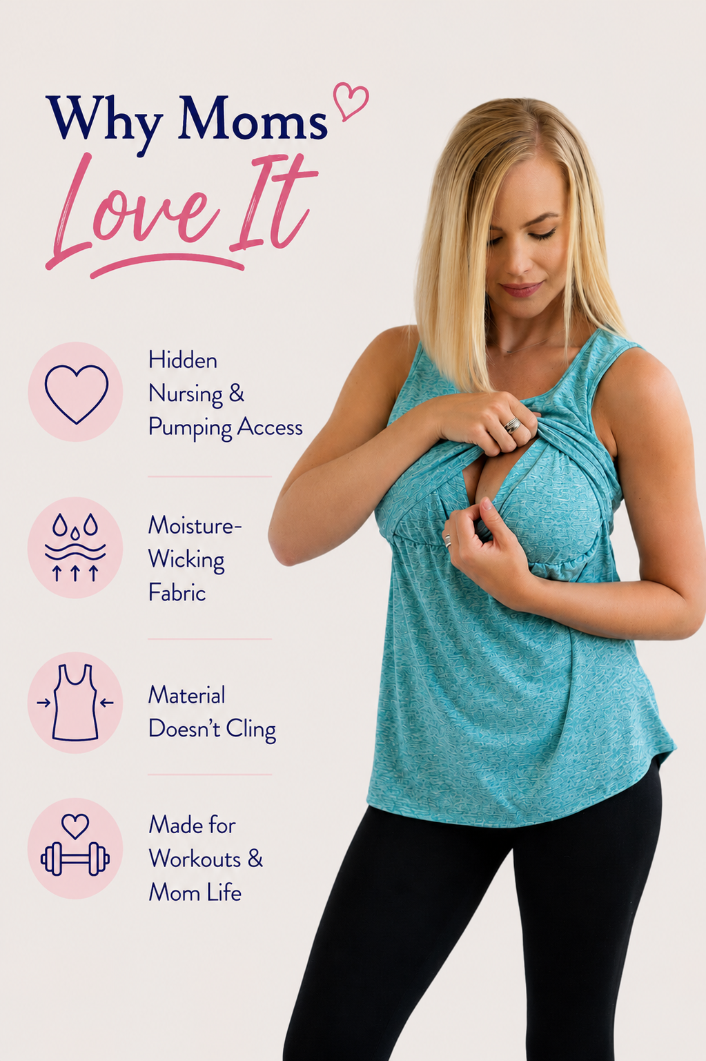Mom wearing a teal workout tank with hidden breastfeeding access 