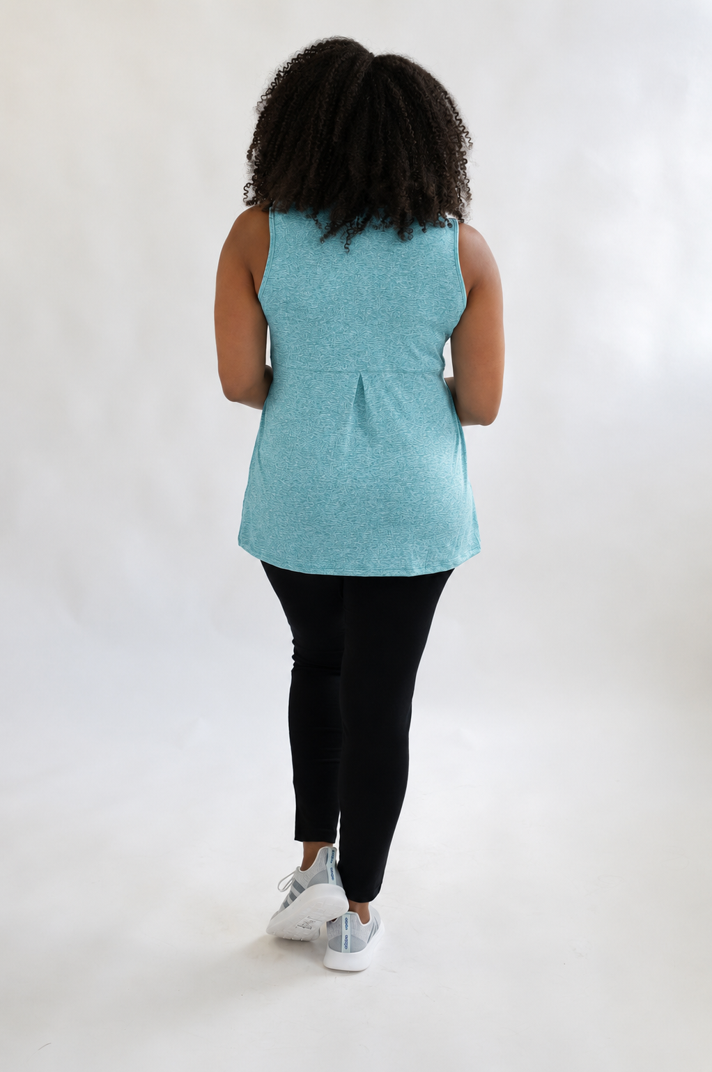 Back view of teal breastfeeding tank top with hidden pumping and nursing access. 