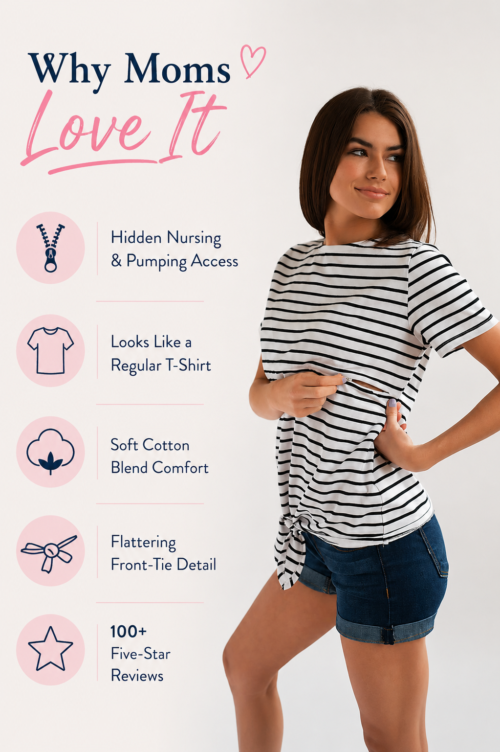 Nursing Queen striped nursing T-shirt with hidden nursing and pumping access, front-tie detail, soft cotton blend fabric, breastfeeding-friendly design, and 100+ five-star reviews. Looks like a regular T-shirt while providing discreet access for nursing and pumping.