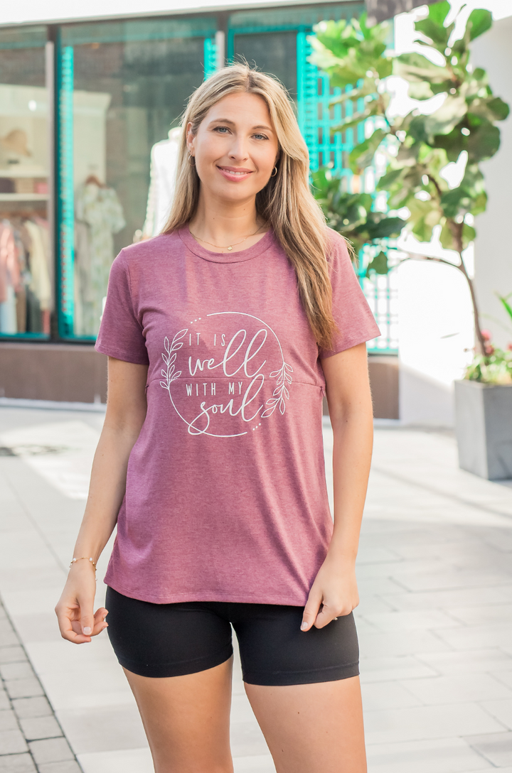 Front view of heather plum breastfeeding T-shirt showing closed nursing access in the design of the shirt. 