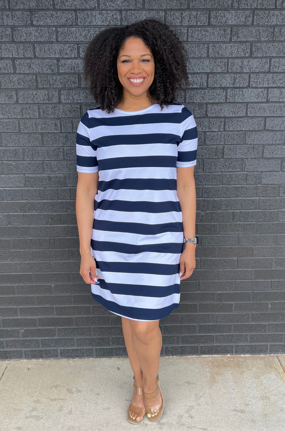Cotton Nursing Dress With Pockets- Hidden Zipper - WIDE Stripe - Navy/White