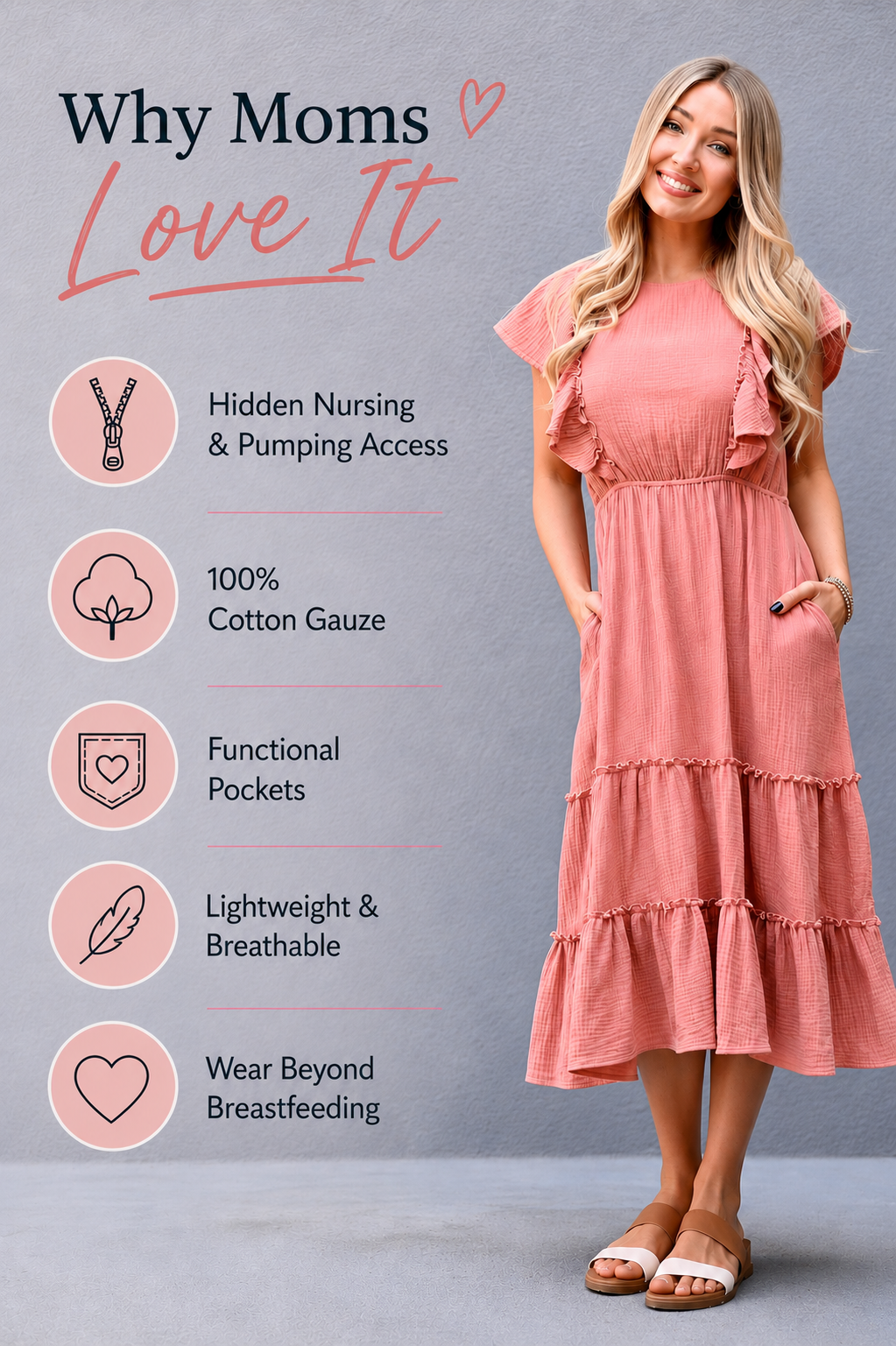 Breastfeeding mom wearing a terracotta cotton gauze nursing dress with hidden nursing and pumping access, functional pockets, lightweight breathable fabric, and a design made to wear long after breastfeeding.