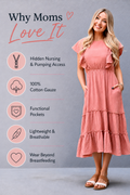 Breastfeeding mom wearing a terracotta cotton gauze nursing dress with hidden nursing and pumping access, functional pockets, lightweight breathable fabric, and a design made to wear long after breastfeeding.