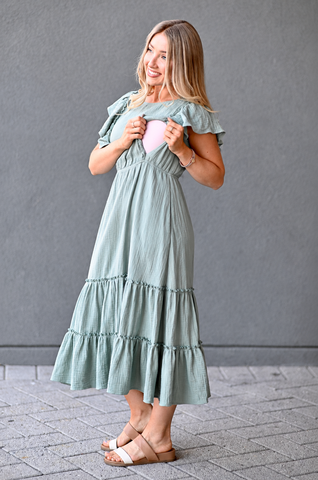 Cotton Gauze Ruffle Midi Dress- Seafoam Green