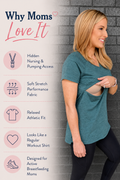Mom wearing a deep sea blue nursing workout t-shirt with hidden nursing and pumping access, soft stretch performance fabric, and a relaxed athletic fit, designed for active breastfeeding moms who want a workout top that looks like a regular athletic shirt.