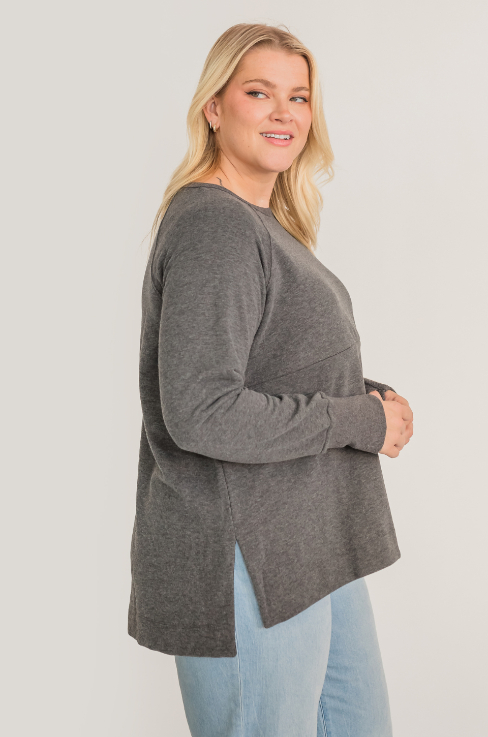 Gray nursing tunic with side slit and easy breastfeeding access
