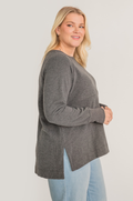Gray nursing tunic with side slit and easy breastfeeding access