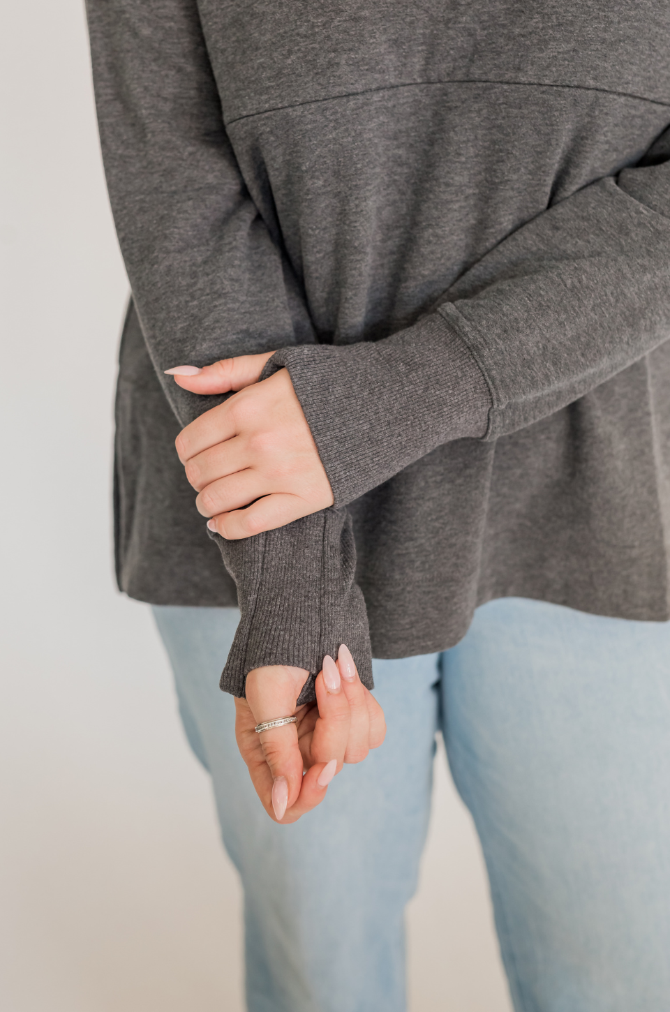 Dark gray nursing tunic with cozy thumbholes