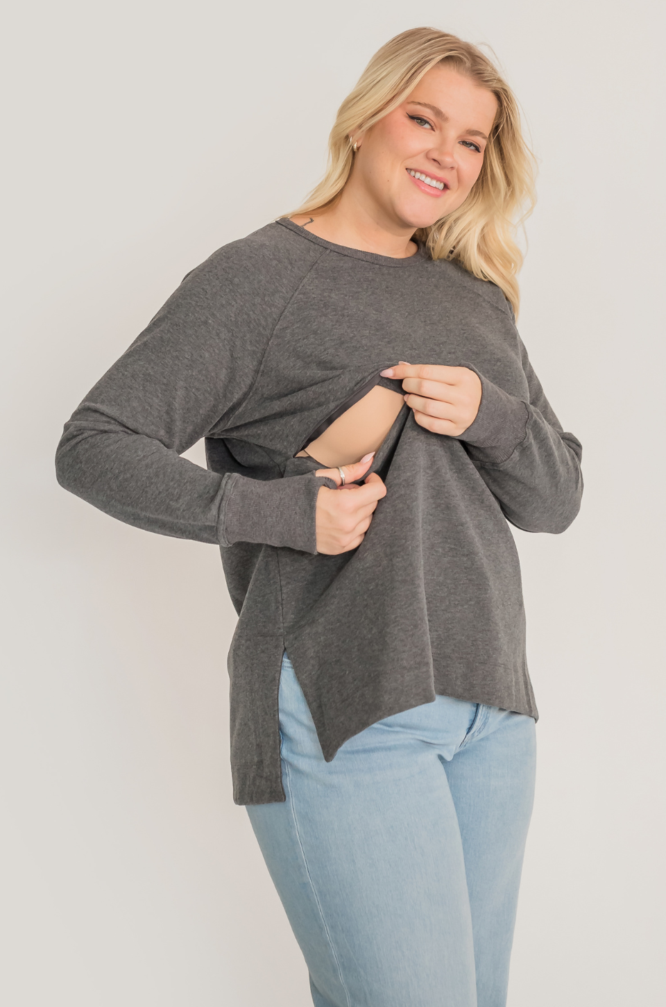 Dark gray nursing tunic with zipper access for pumping moms