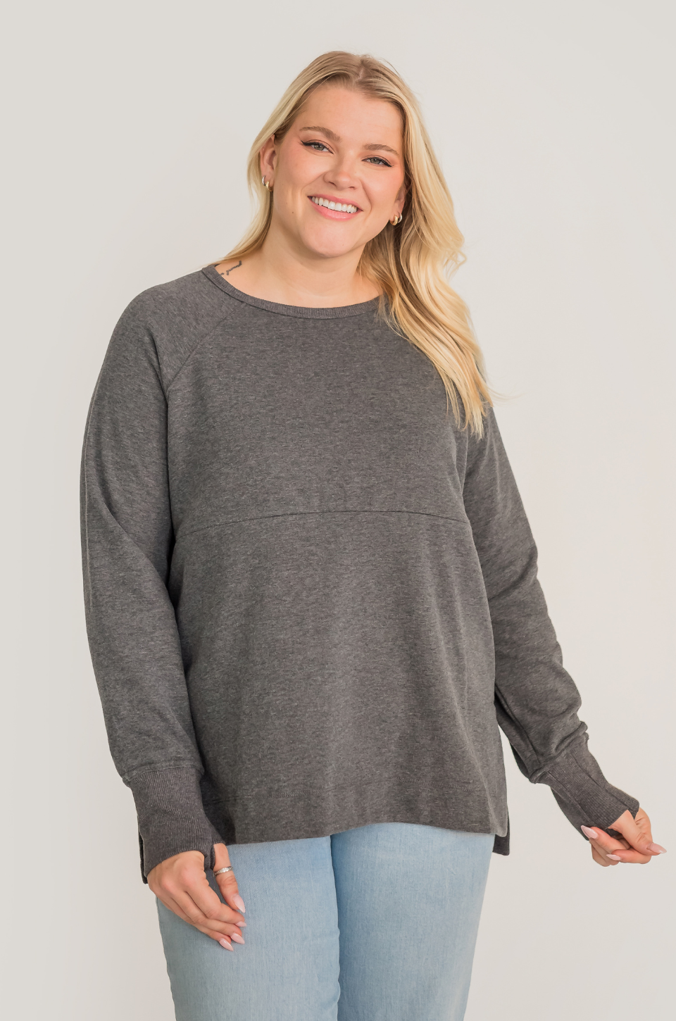 Dark gray nursing tunic with zipper access for breastfeeding