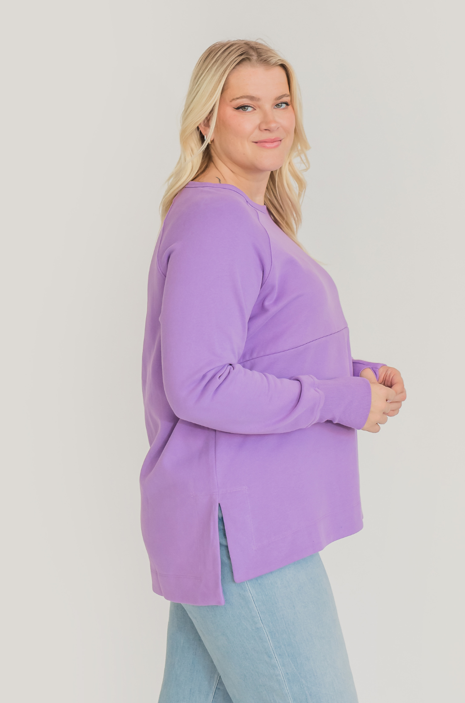 Purple nursing tunic with hidden nursing and pumping access