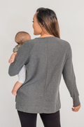 Mom with dark gray nursing tunic for breastfeeding on the go