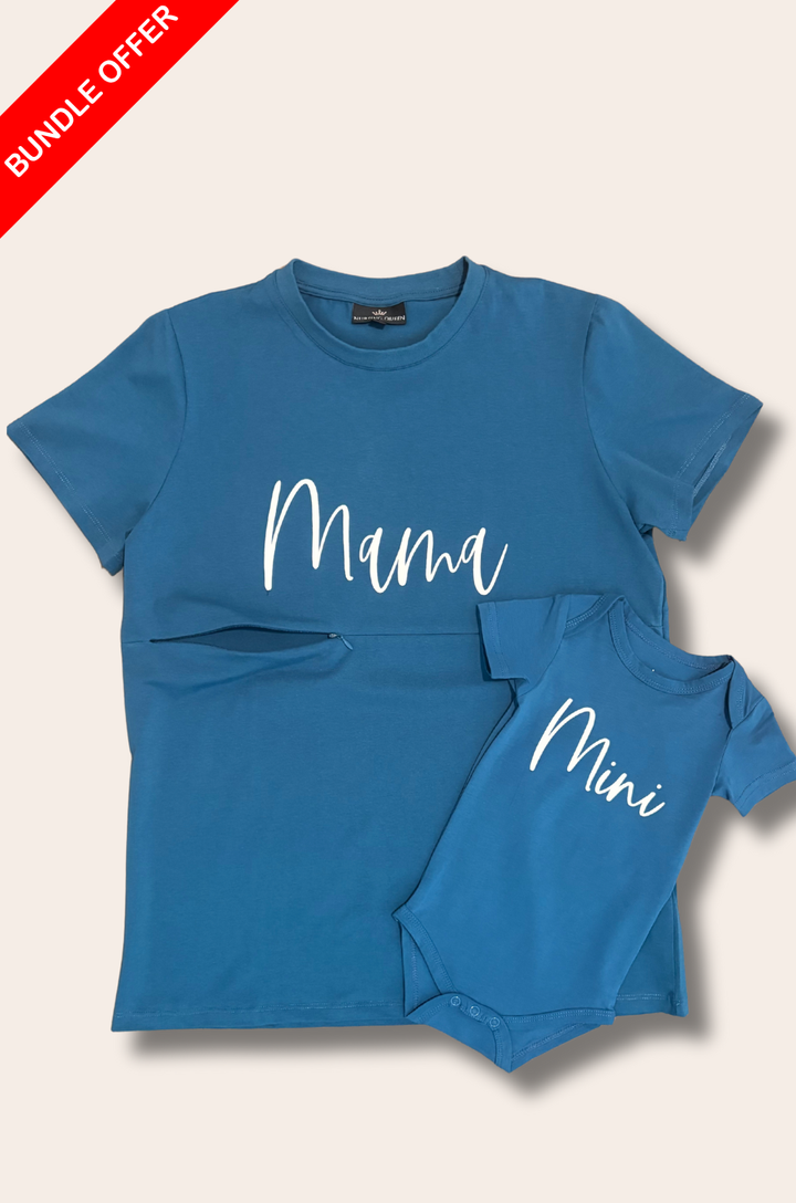 Blue mom and baby T-shirts with cursive lettering displayed as a matching set.