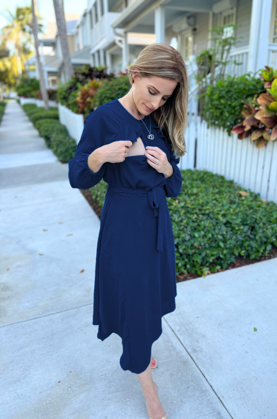 Long Sleeve Crepe Belted Midi Dress Navy 2.0 Nursing Queen