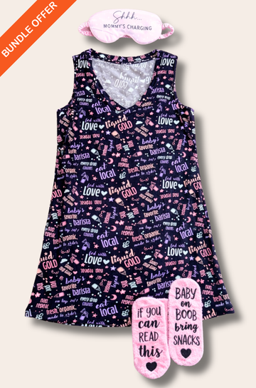 New mom night shift bundle by Nursing Queen featuring a nursing pajama dress with funny breastfeeding sayings, a pink sleep mask that says “Shh Mommy’s Charging,” and cozy socks that read “baby on boob bring snacks.”
