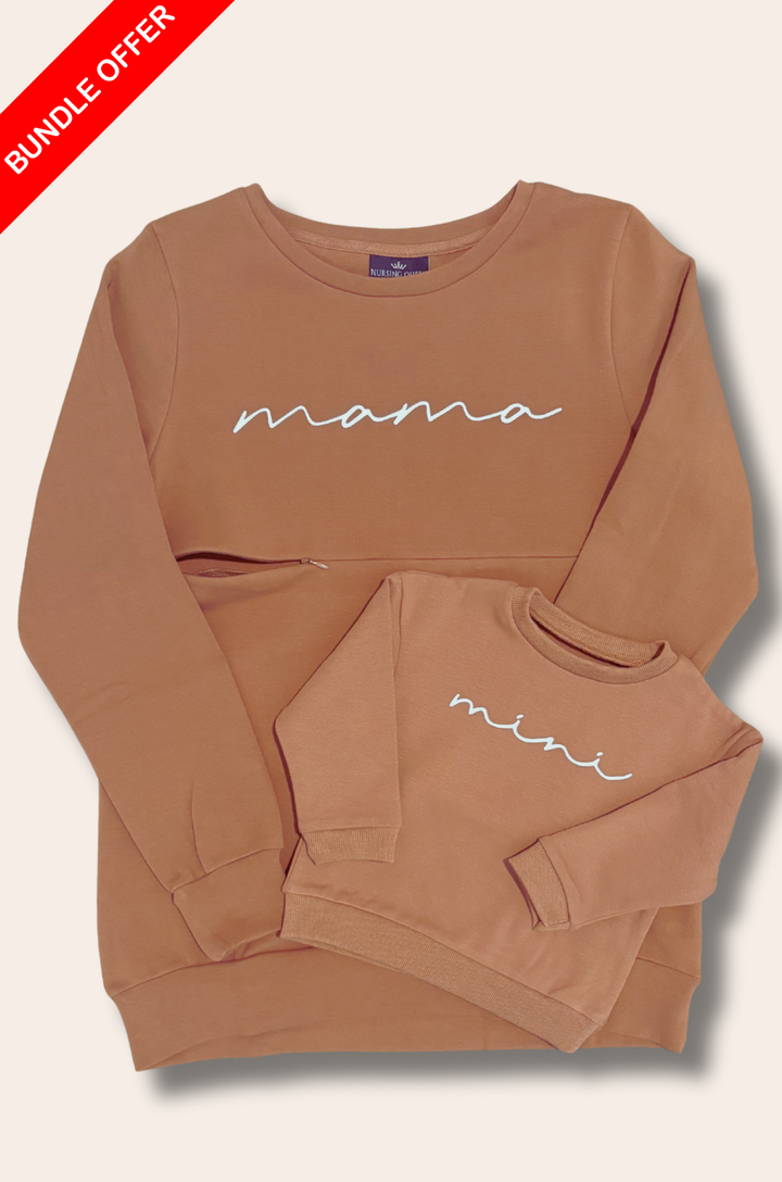 Camel mom and baby sweatshirts with white lettering displayed as a matching set.