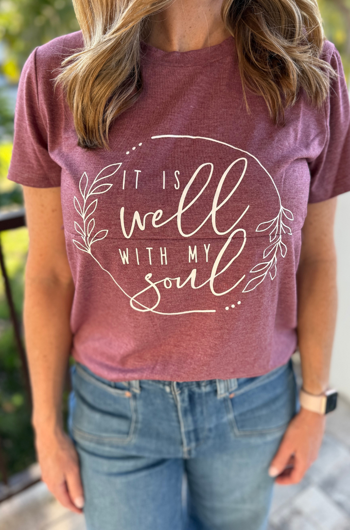 Close-up of ‘It Is Well With My Soul’ graphic on heather plum breastfeeding T-shirt