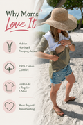 Breastfeeding mom wearing an olive and white cotton nursing T-shirt with hidden zipper nursing and pumping access. Graphic highlights 100% cotton comfort, regular T-shirt styling, and wear beyond breastfeeding.