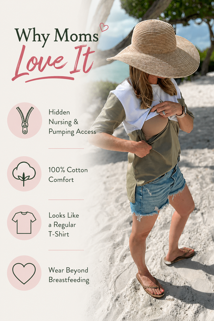 Breastfeeding mom wearing an olive and white cotton nursing T-shirt with hidden zipper nursing and pumping access. Graphic highlights 100% cotton comfort, regular T-shirt styling, and wear beyond breastfeeding.