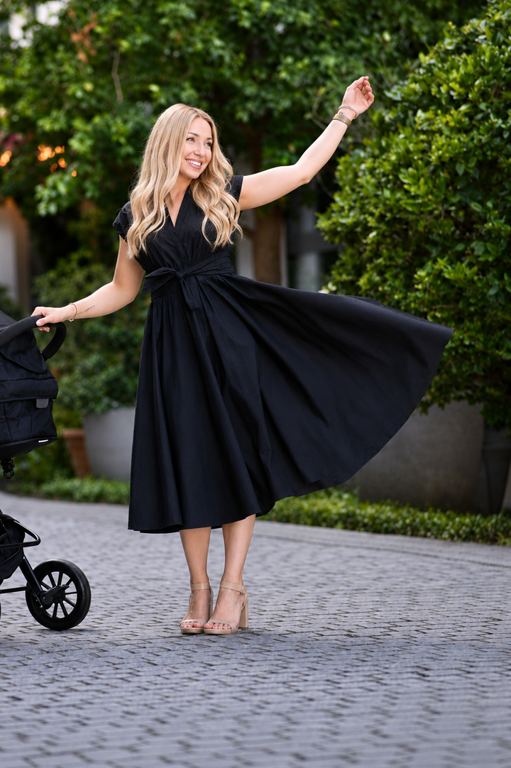 black cotton nursing dress for breastfeeding