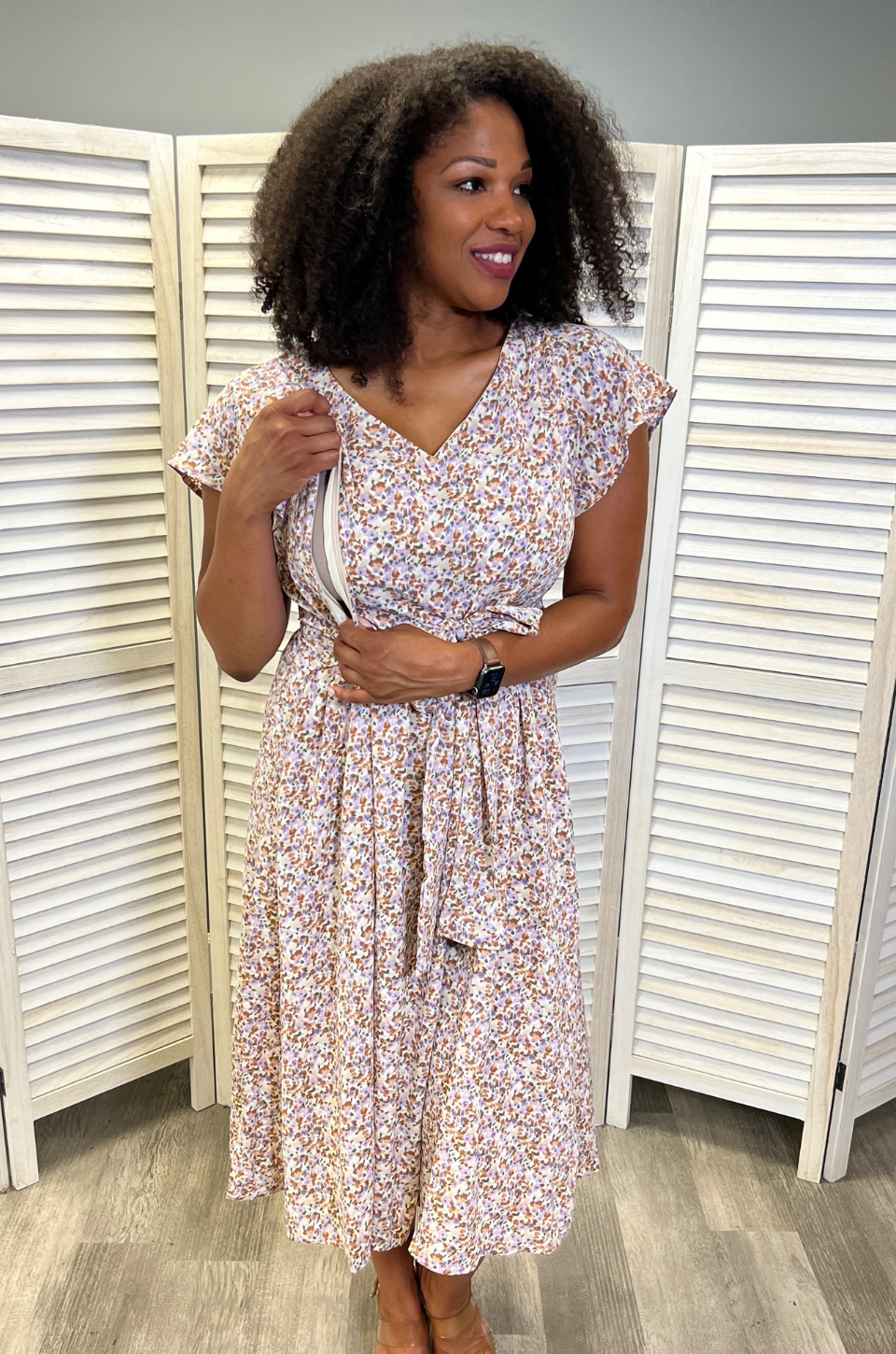 Belted Nursing Midi with Pockets- Beige Floral Nursing Queen Belted Nursing Midi with Pockets- Beige Floral Nursing Queen