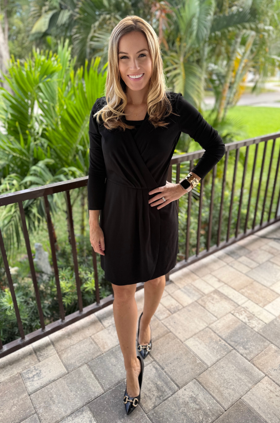 FINAL SALE Ponte Knit Faux Wrap Nursing Dress - Black