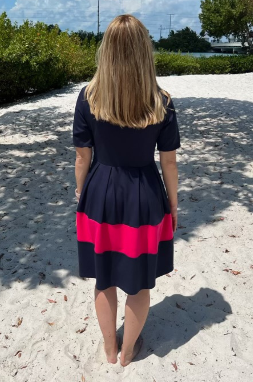 Fit and Flare Short Sleeve Nursing Dress - Navy/Pink Stripe | Breastfeeding Clothing | Fit and Flare Short Sleeve Nursing Dress - Navy/Pink Stripe | Breastfeeding Clothing |
