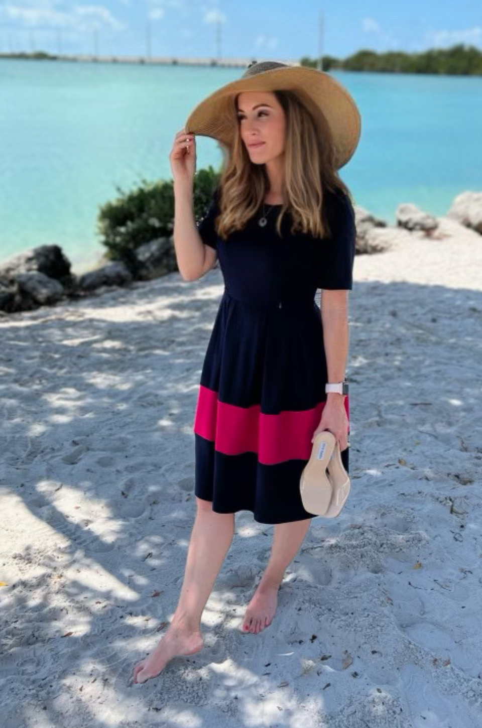 Fit and Flare Short Sleeve Nursing Dress - Navy/Pink Stripe