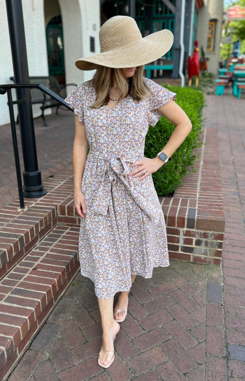 Belted Nursing Midi with Pockets- Beige Floral | Breastfeeding Clothing | Belted Nursing Midi with Pockets- Beige Floral | Breastfeeding Clothing |