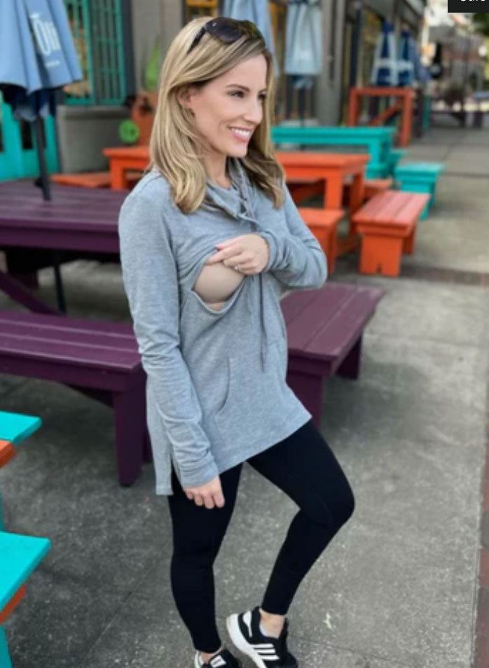 model wearing a gray French terry nursing pullover