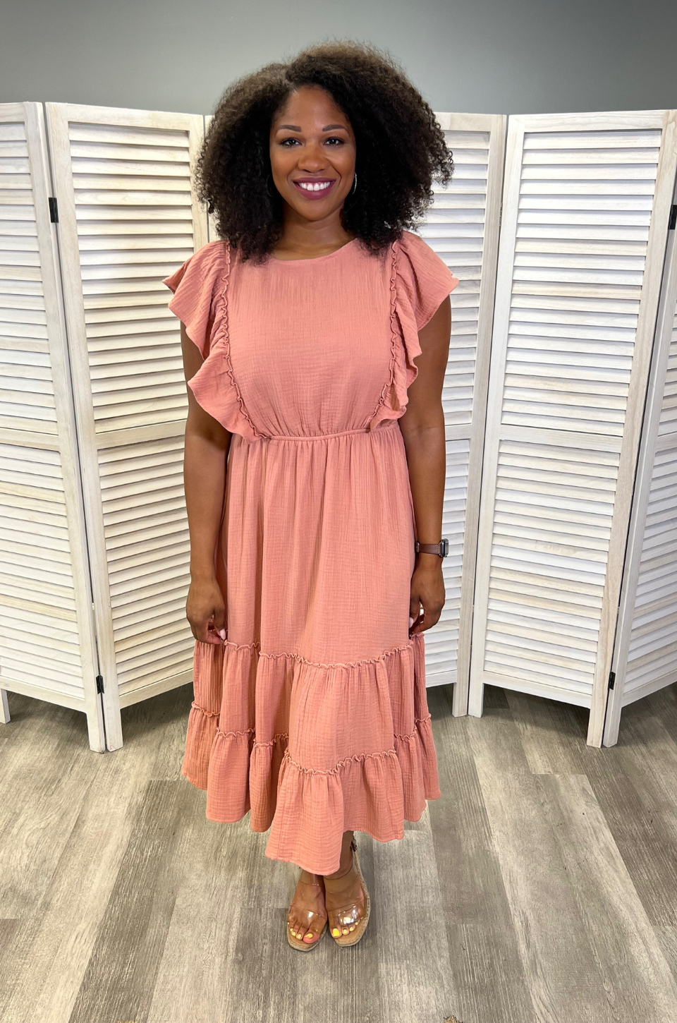 Cotton Gauze Ruffle Midi Dress- Terracotta