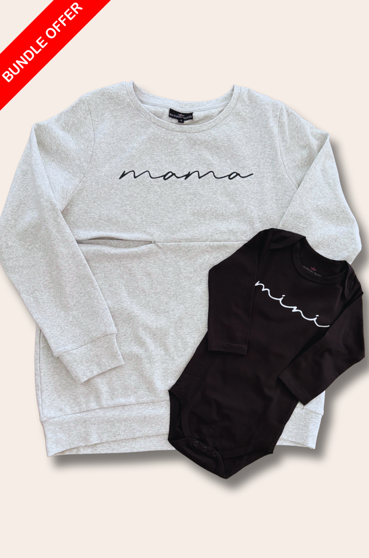 Nursing mom and baby sweatshirts with coordinating colors and lettering, laid flat.