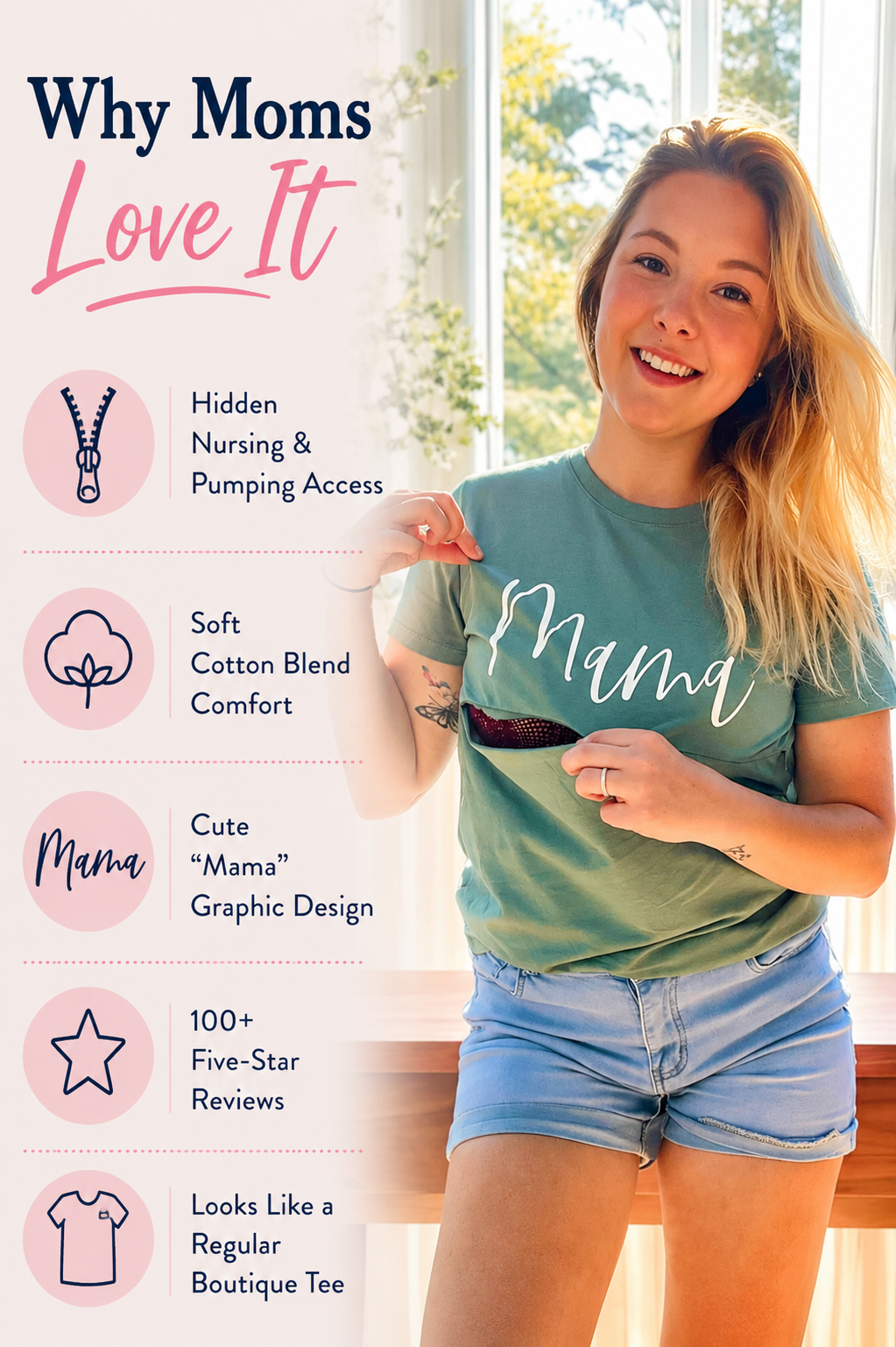 Green Mama nursing t-shirt with hidden nursing and pumping access, soft cotton blend fabric, and a stylish graphic design that looks like a regular boutique tee for breastfeeding moms.