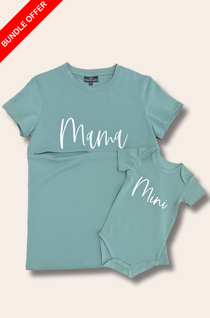 Medium forest green mom shirt, and baby onesie with cursive lettering displayed as a matching set.