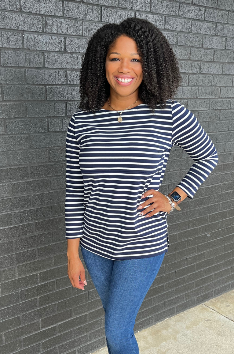 Striped Nursing Top - 3/4 Sleeve With Hidden Zipper- Navy/White Striped Nursing Top - 3/4 Sleeve With Hidden Zipper- Navy/White