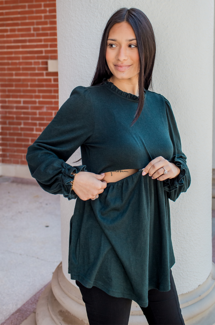 Hidden zipper nursing access on the babydoll nursing sweater for easy breastfeeding.