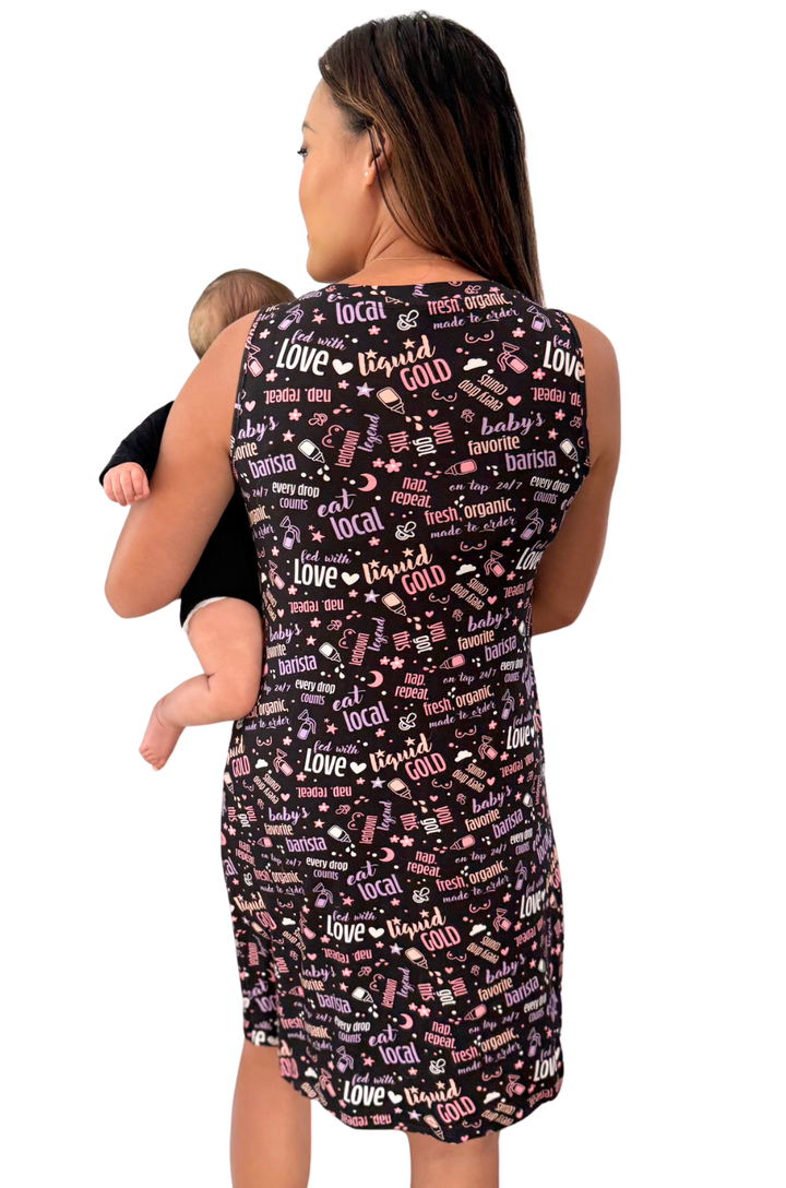 Back view of a graphic print nursing pajamas worn by a breastfeeding mom.
