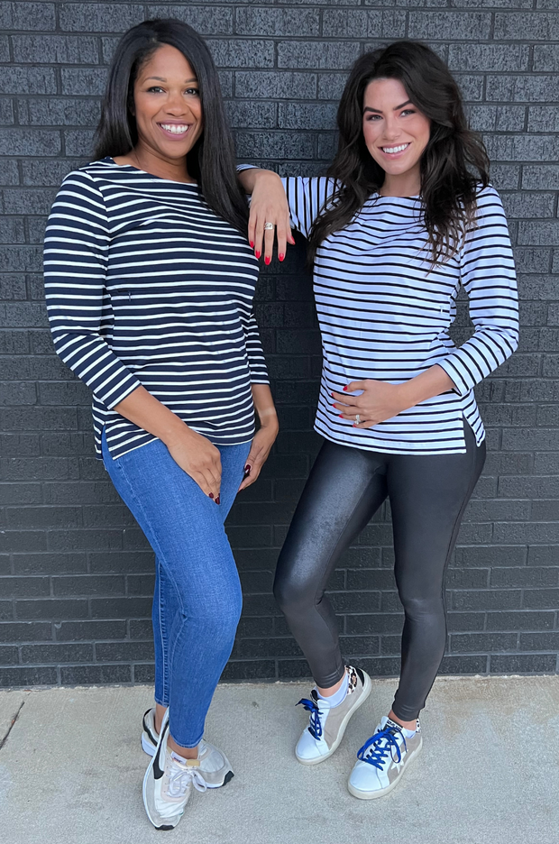 Cotton Striped Nursing Top - 3/4 Sleeve With Hidden Zipper- Navy