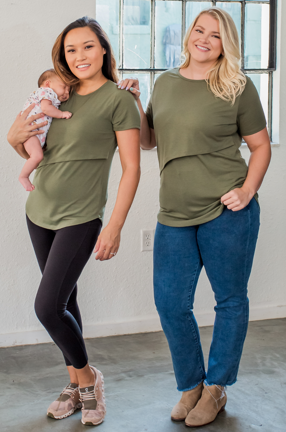 Asymmetrical olive nursing tee with hidden access for new moms